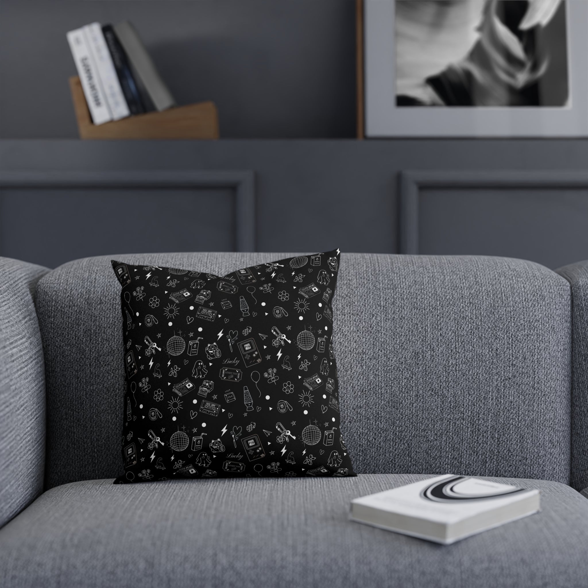 Black Tattoo Flash Print Cushion