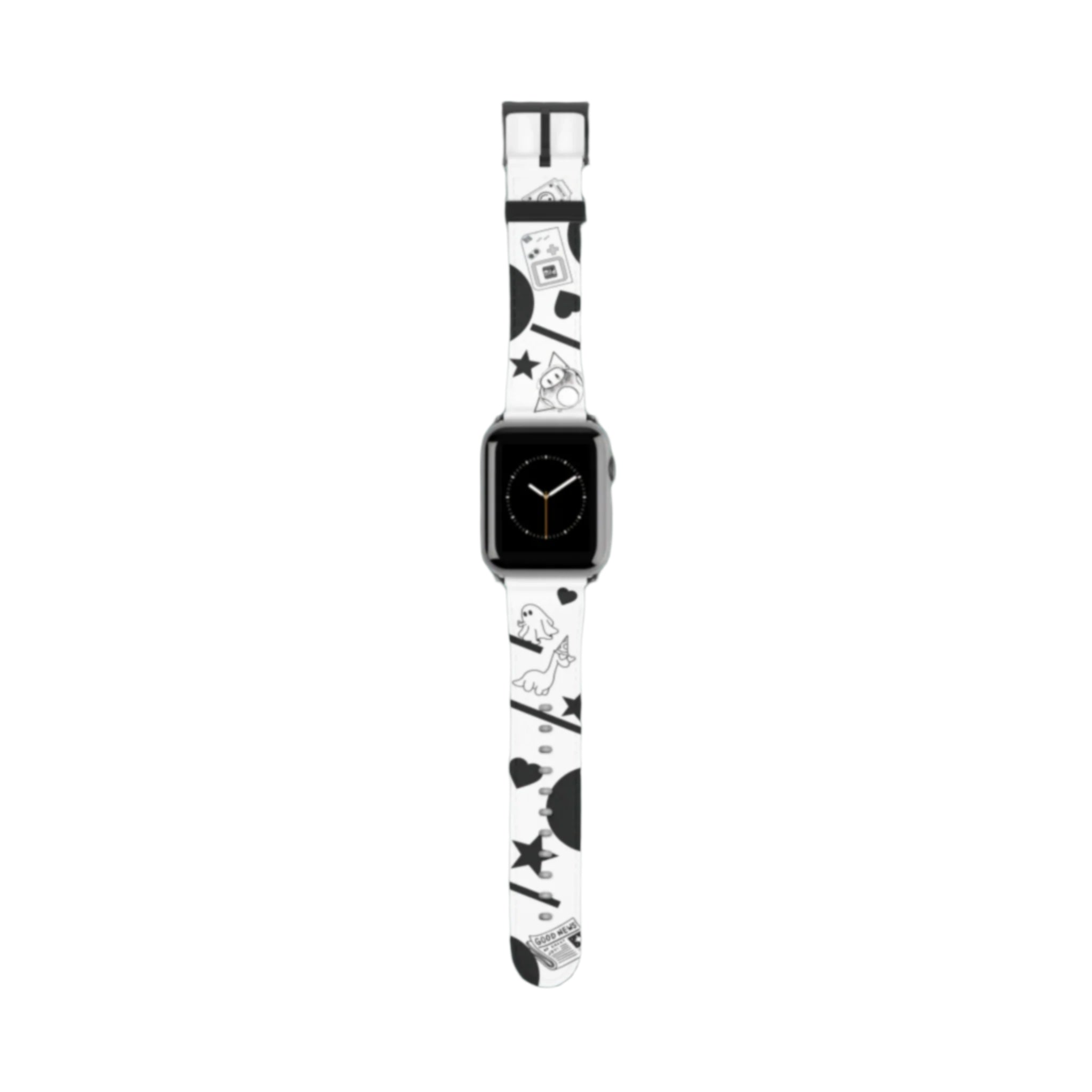 Black and white patterned watch strap on a white background